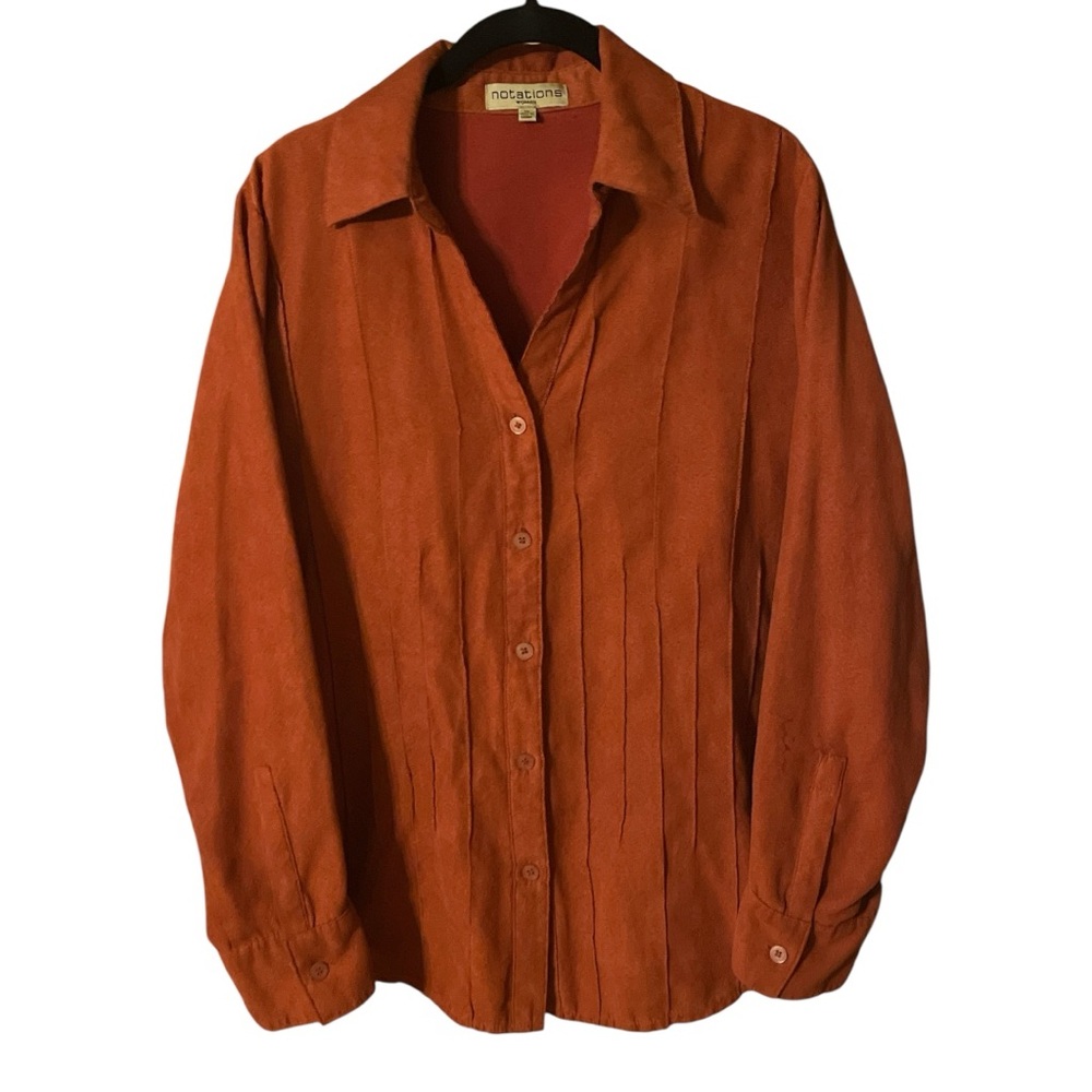 Vintage Notations Woman Faux Suede Burnt Orange Pintuck Button Down Blouse
